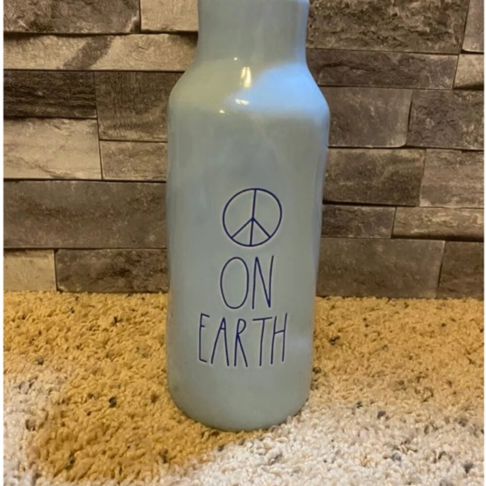 Peace on Earth 8.75" Light Sky Blue Rae Dunn Ceramic Milk Bottle Vase